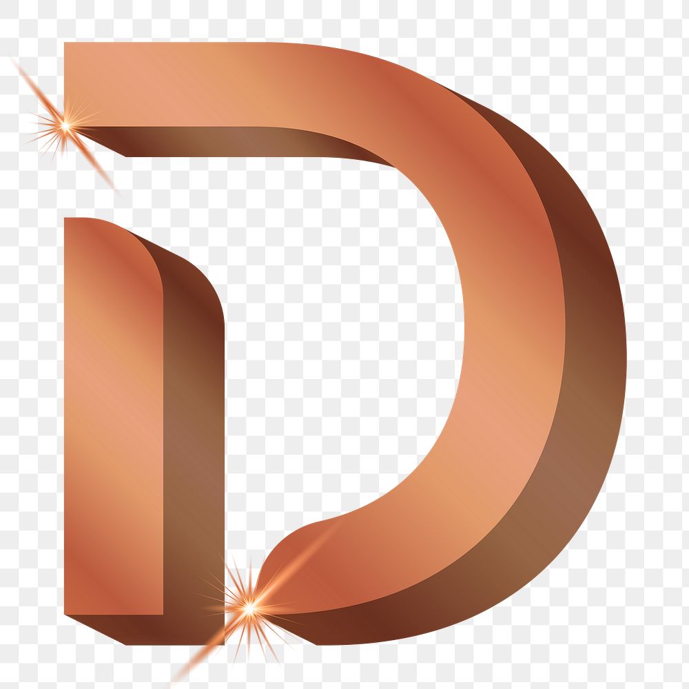 Png D letter, shiny 3D font, transparent background