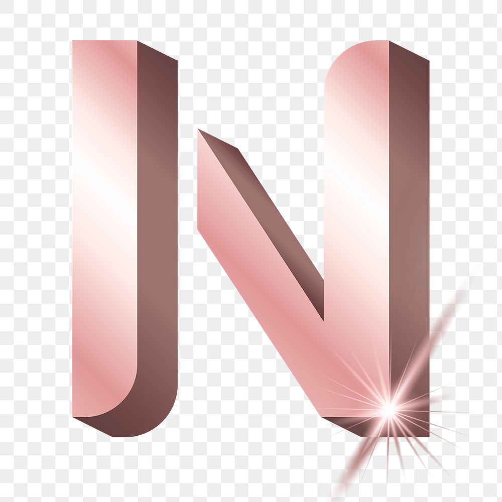 Png N letter, shiny 3D font, transparent background