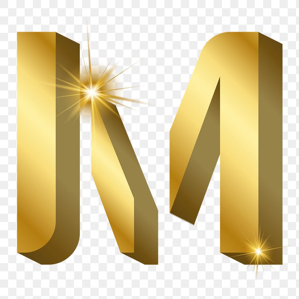 Png M letter, shiny 3D font, transparent background