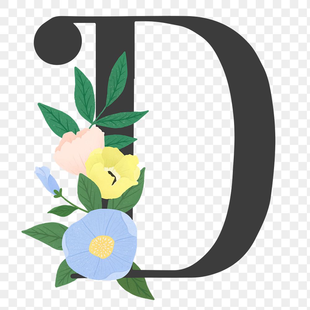 Png Elegant floral letter D element, transparent background