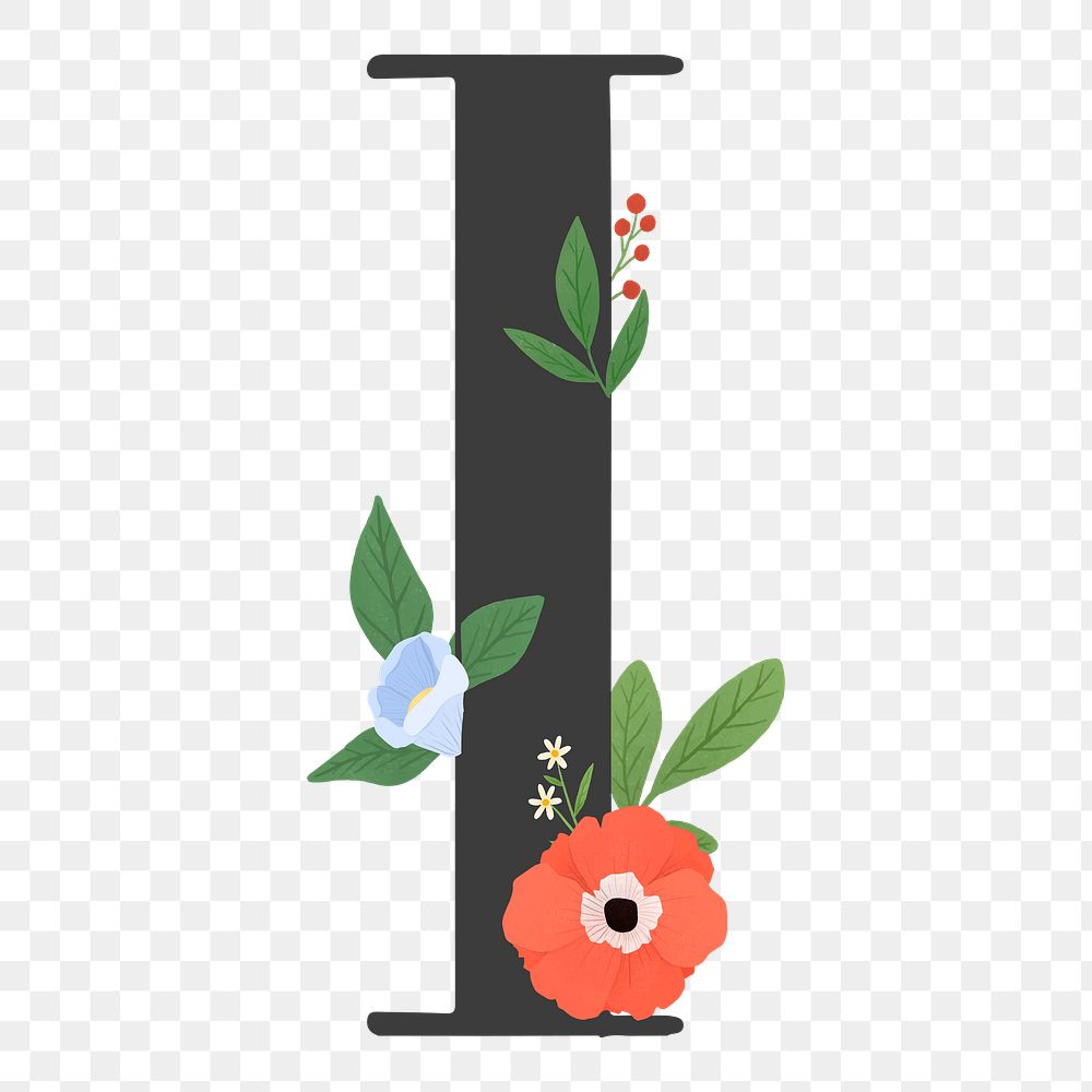 Png Elegant floral letter I element, transparent background