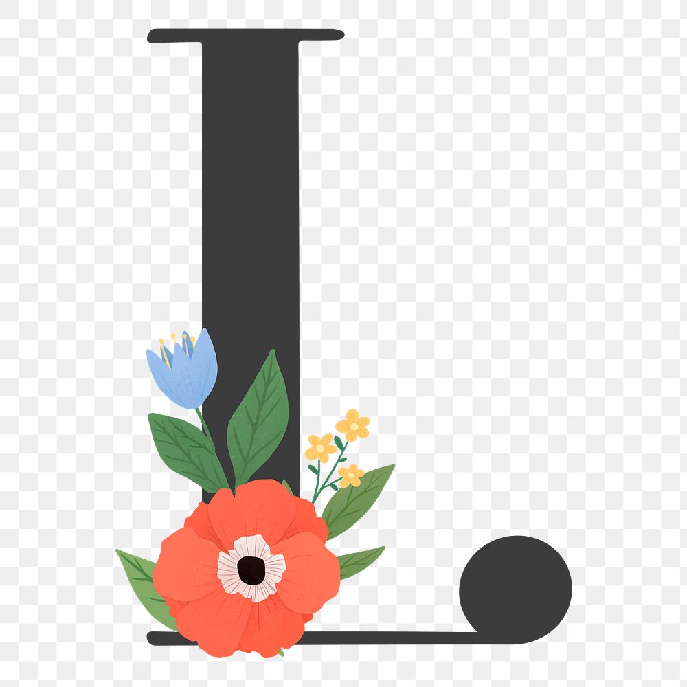 Png Elegant floral letter L element, transparent background