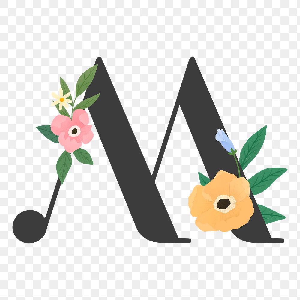 Png Elegant floral letter M element, transparent background
