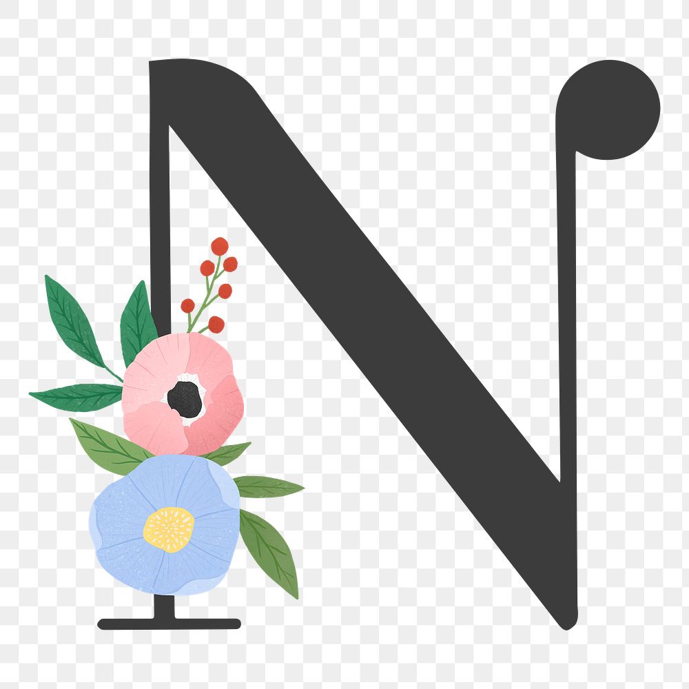 Png Elegant floral letter N element, transparent background