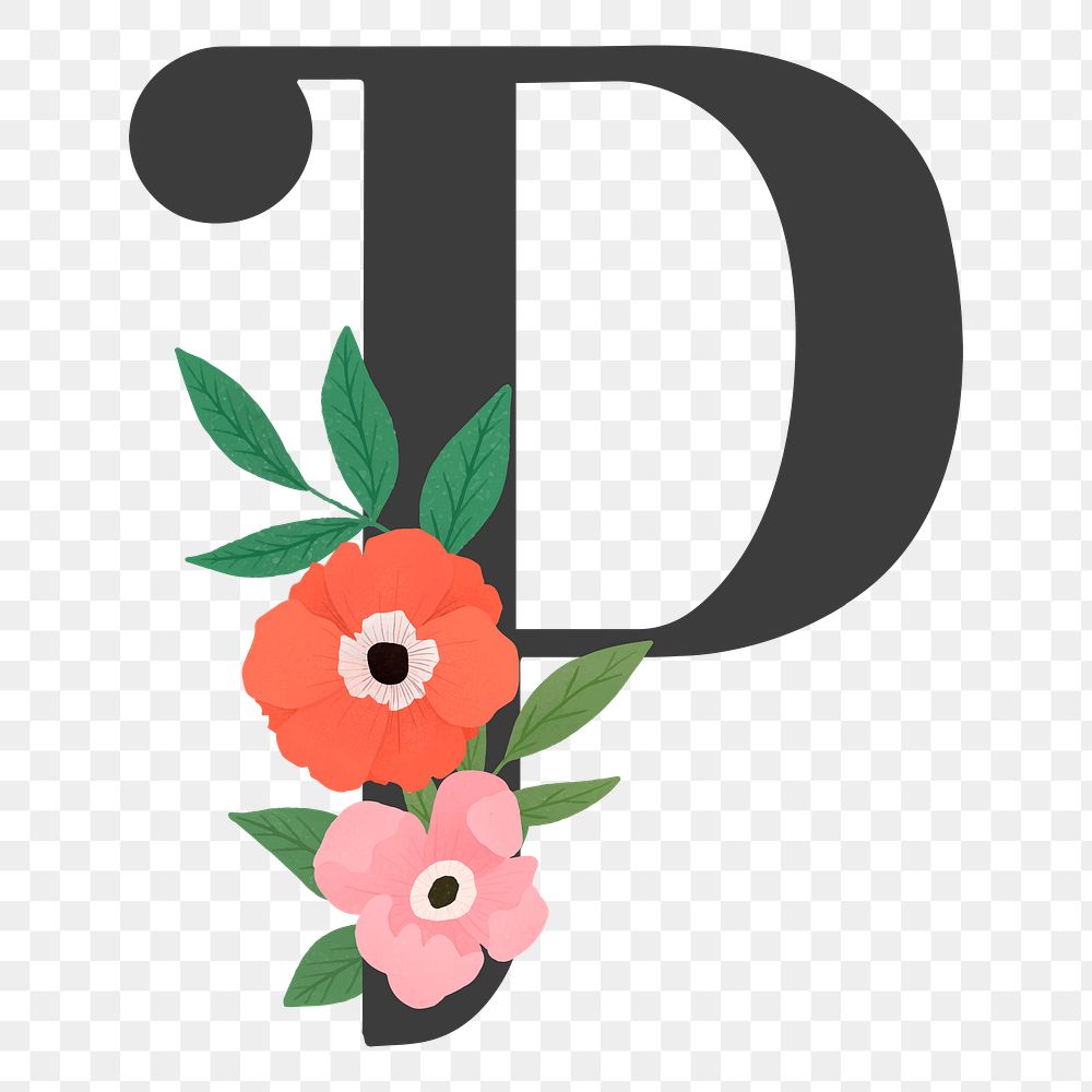 Png Elegant floral letter P element, transparent background