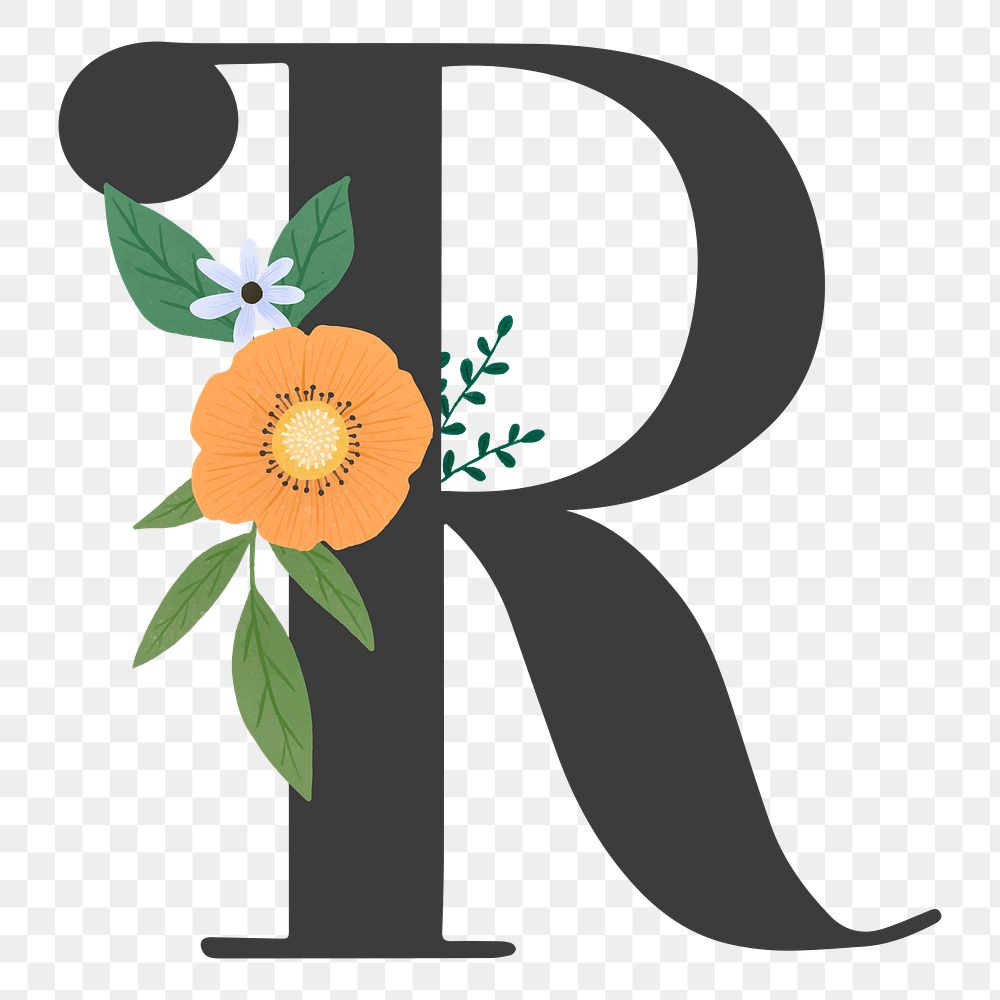 Png Elegant floral letter R element, transparent background
