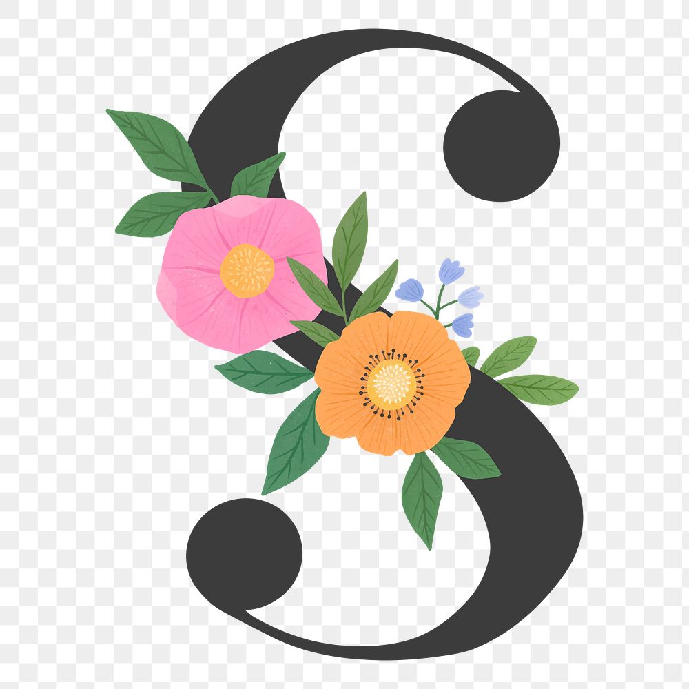 Png Elegant floral letter S element, transparent background