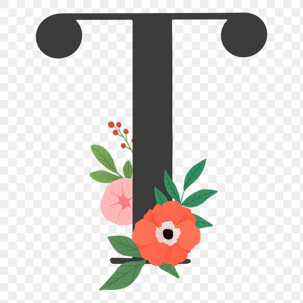 Png Elegant floral letter T element, transparent background