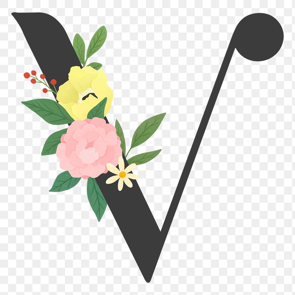 Png Elegant floral letter V element, transparent background