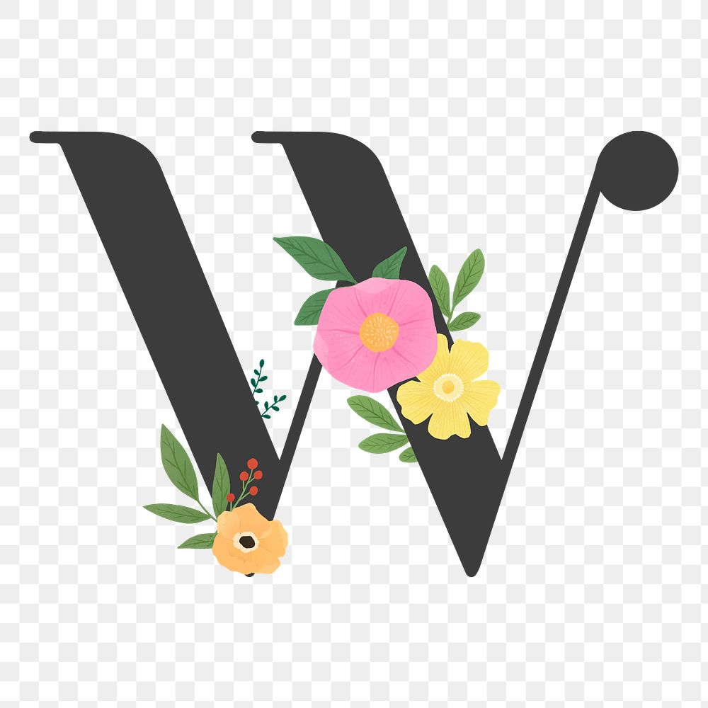 Png Elegant floral letter W element, transparent background