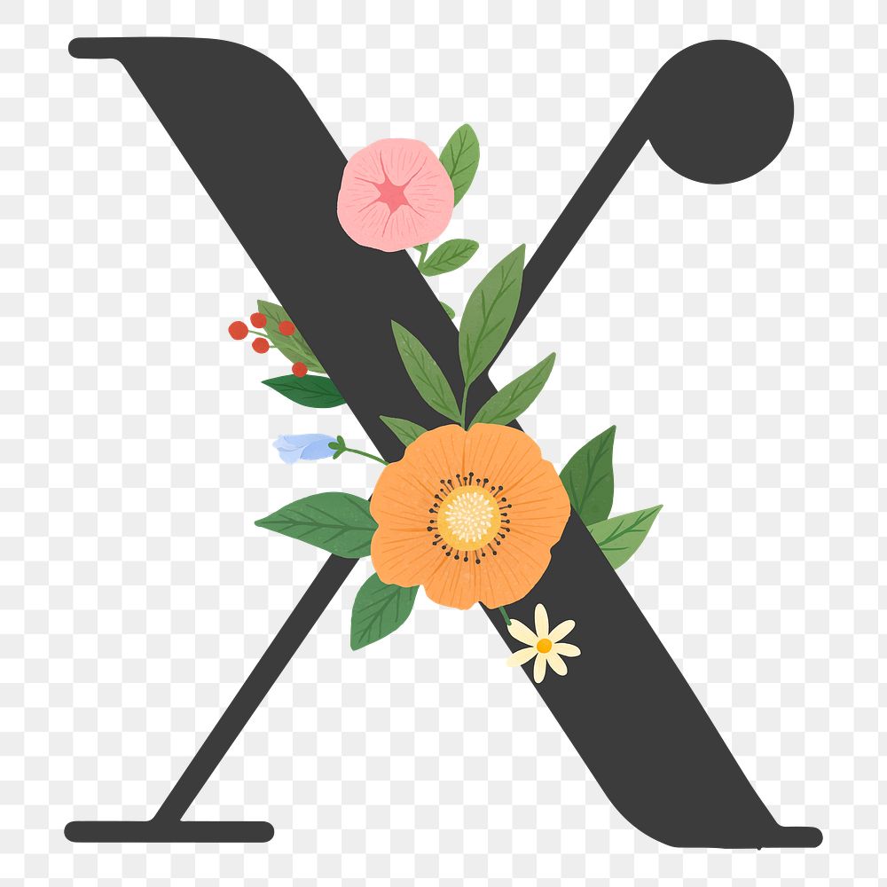 Png Elegant floral letter X element, transparent background