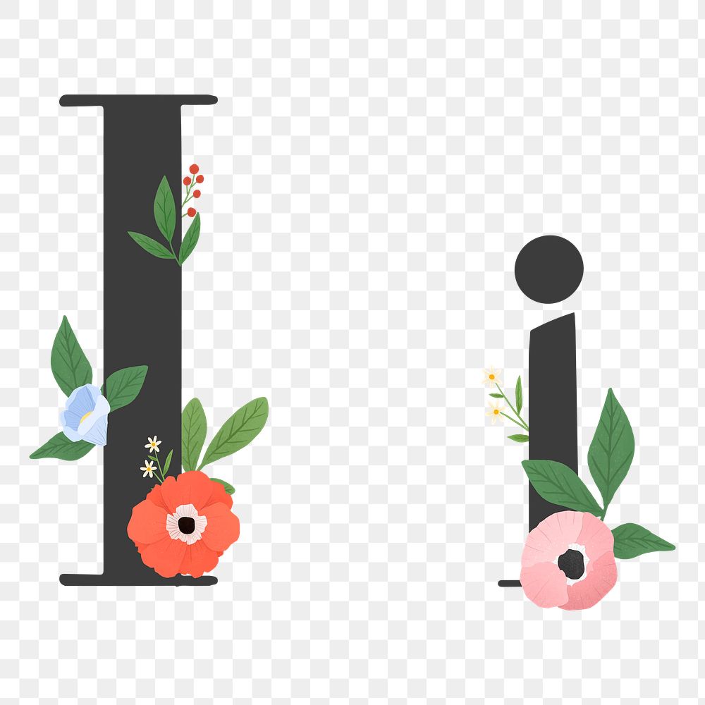 Png Elegant floral letter i element, transparent background