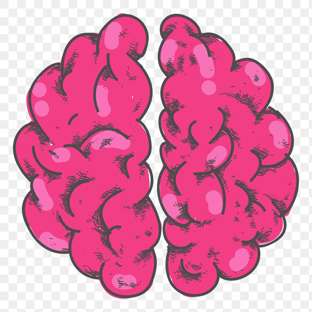 Png vibrant pink brain hand drawn sticker, transparent background