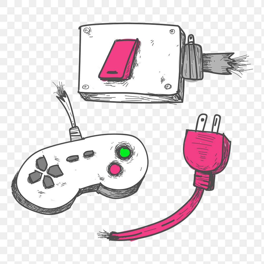 Png neon video game set hand drawn sticker, transparent background