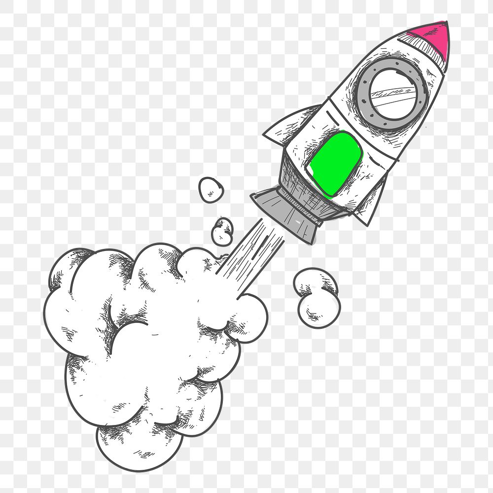 Png neon rocket hand drawn sticker, transparent background