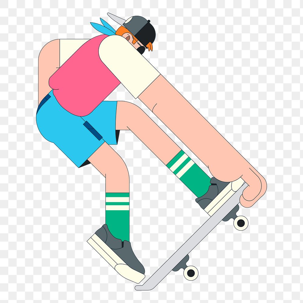 Png young skateboarder character sticker, transparent background