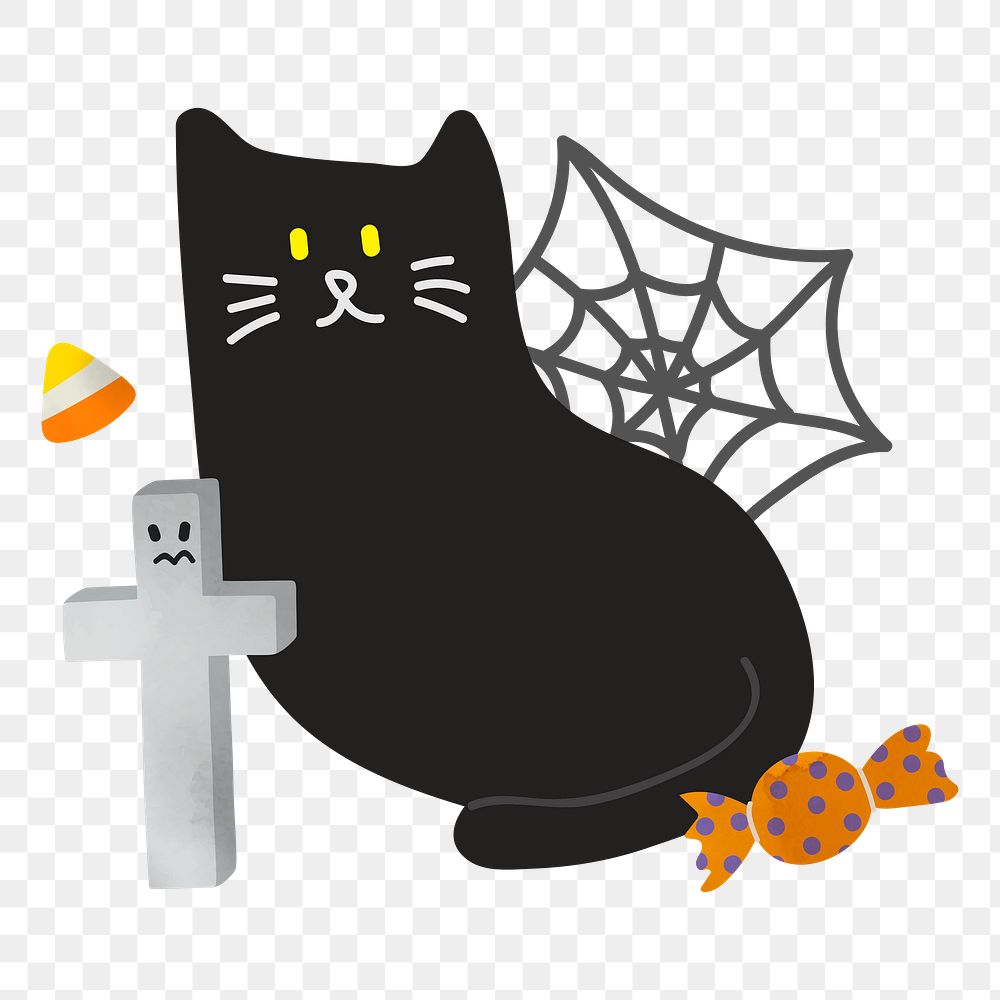Png cute black cat doodle sticker, transparent background