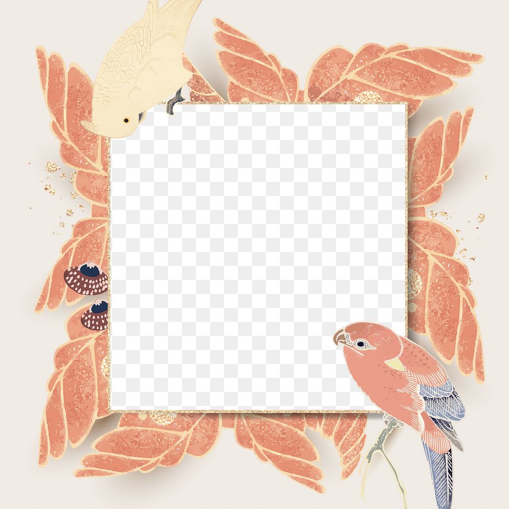 Png square botanical border frame, transparent background