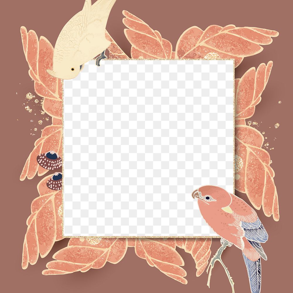 Png square botanical border frame, transparent background