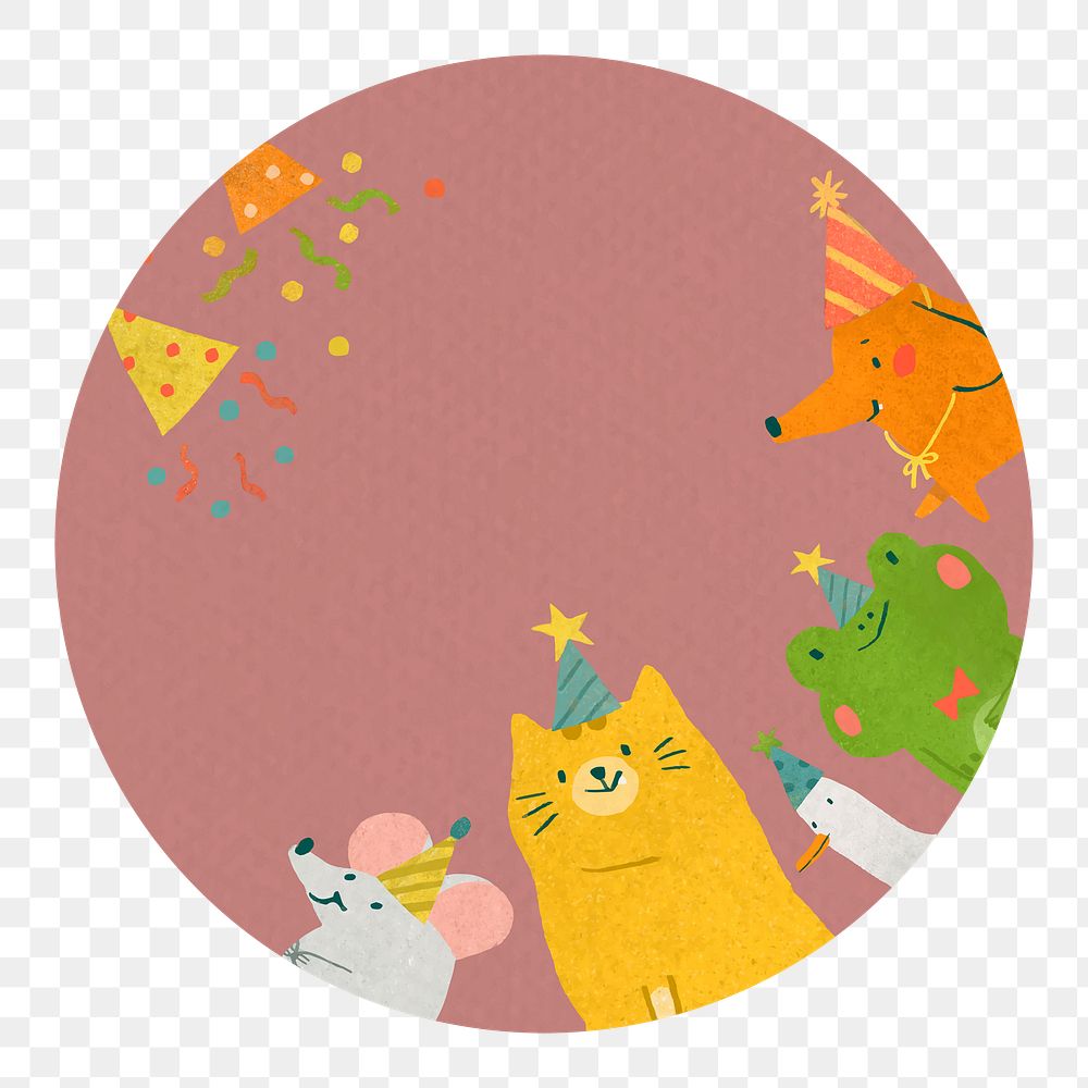 Cute animal birthday png frame, transparent background