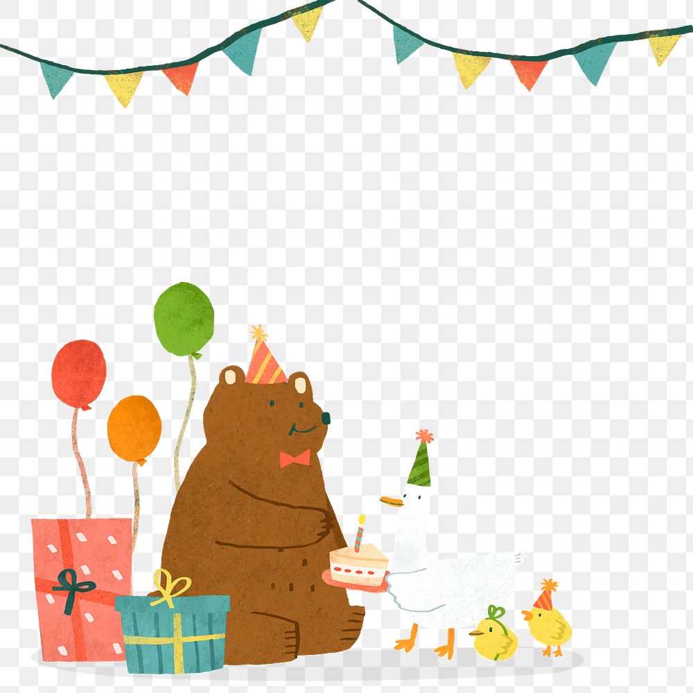 Cute animal birthday png border, transparent background