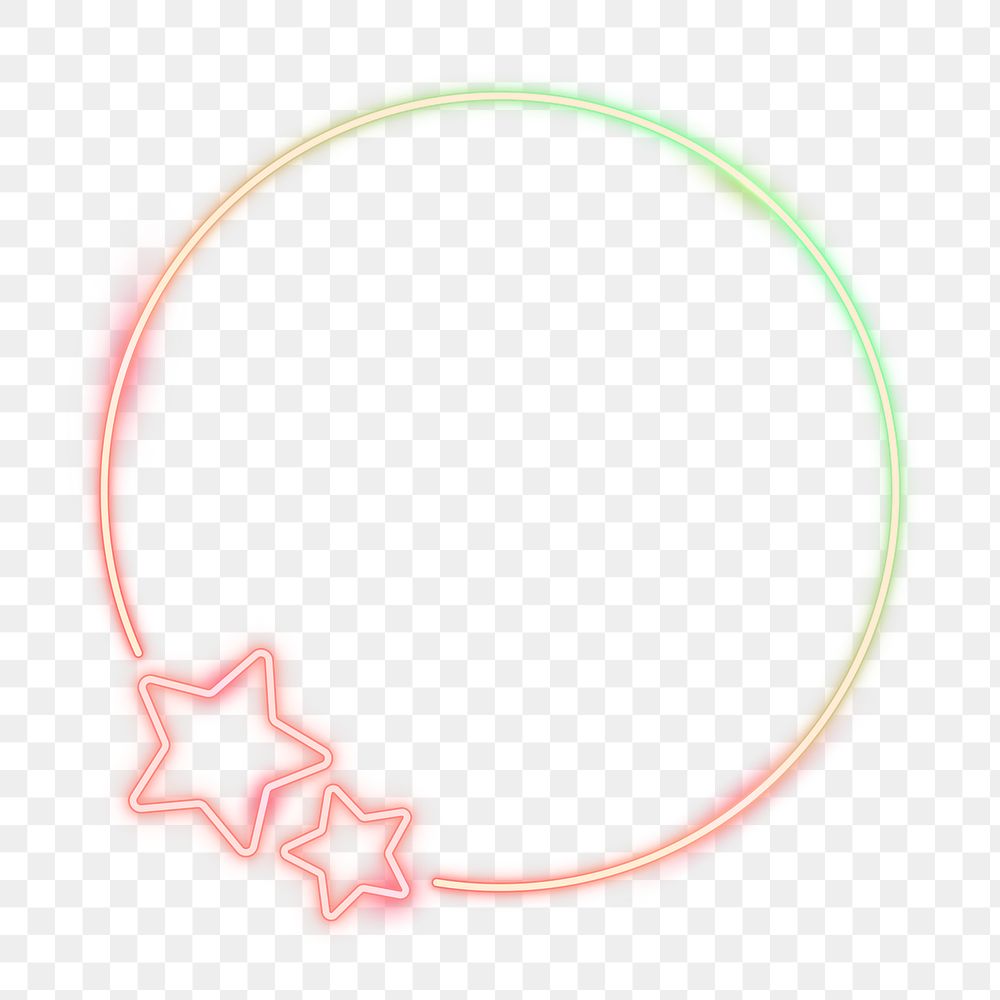 Png neon star round frame, transparent background