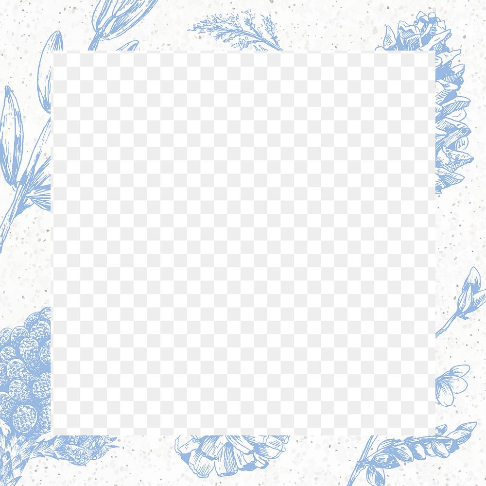 Png blue botanical design frame, transparent background