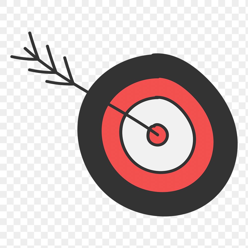 Png dart board with arrow doodle element, transparent background