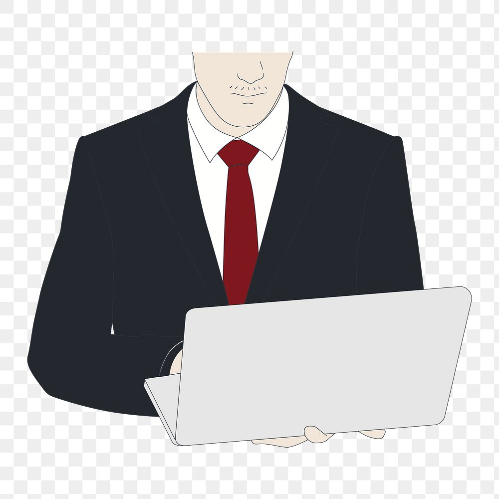 Png drawing businessman using laptop element, transparent background