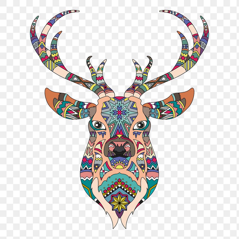 Png Intricate coloring pattern of a reindeer head element, transparent background