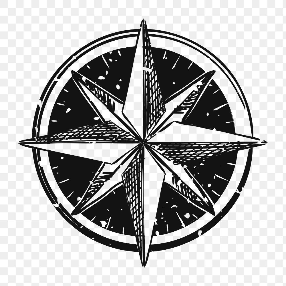 Png vintage star compass illustration, transparent background