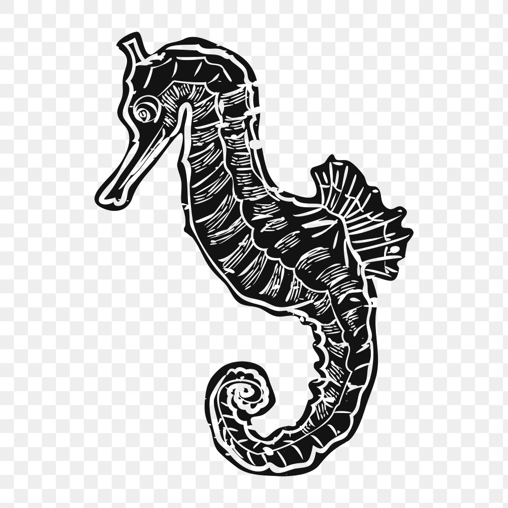 Png black vintage seahorse illustration, transparent background
