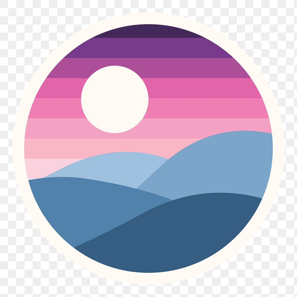 Png sunset & mountain colorful logo element, transparent background