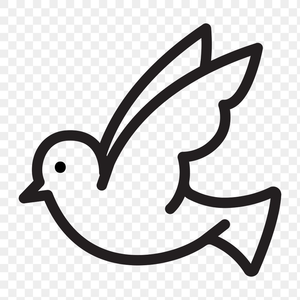 Dove bird icon png, black and white illustration on transparent background 