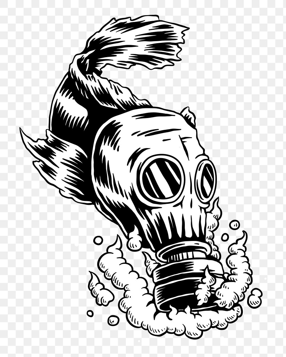 Png Fish wearing gas mask in polluted water  illustration element, transparent background