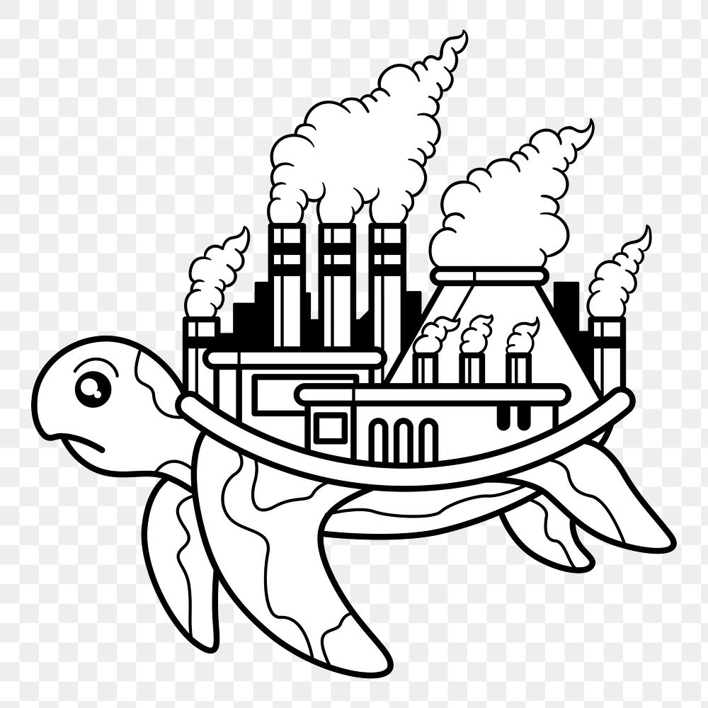 Png turtle with polluted factory on its back illustration element, transparent background