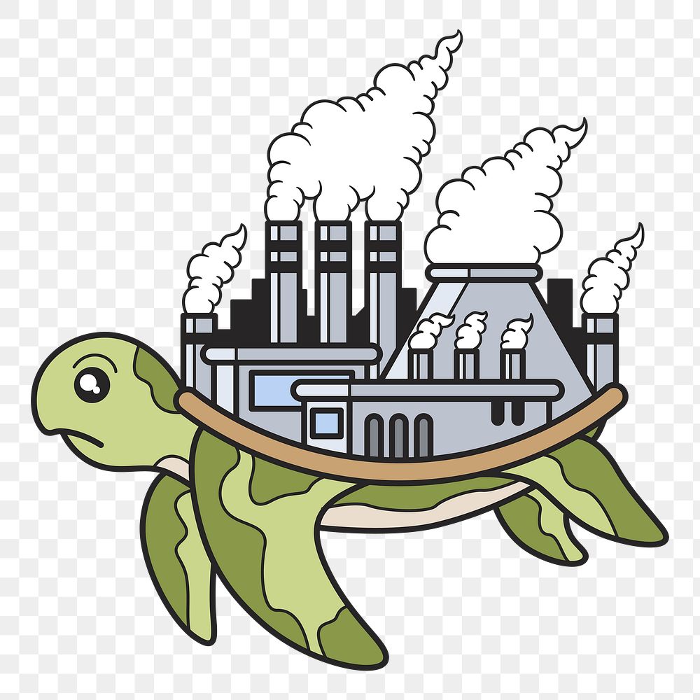 Png turtle with polluted factory on its back illustration element, transparent background