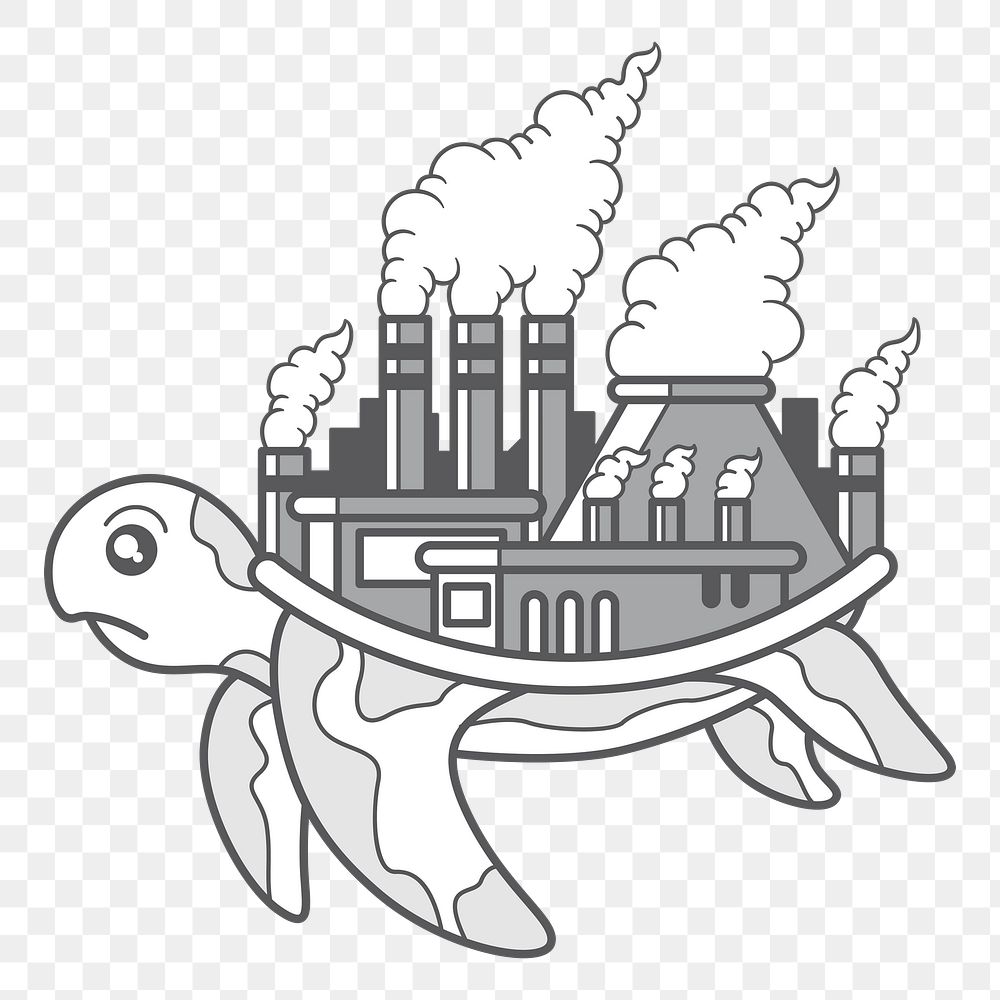 Png turtle with polluted factory on its back illustration element, transparent background