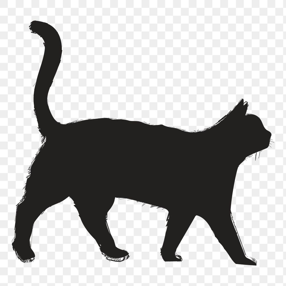 Png black cat walking silhouette, transparent background
