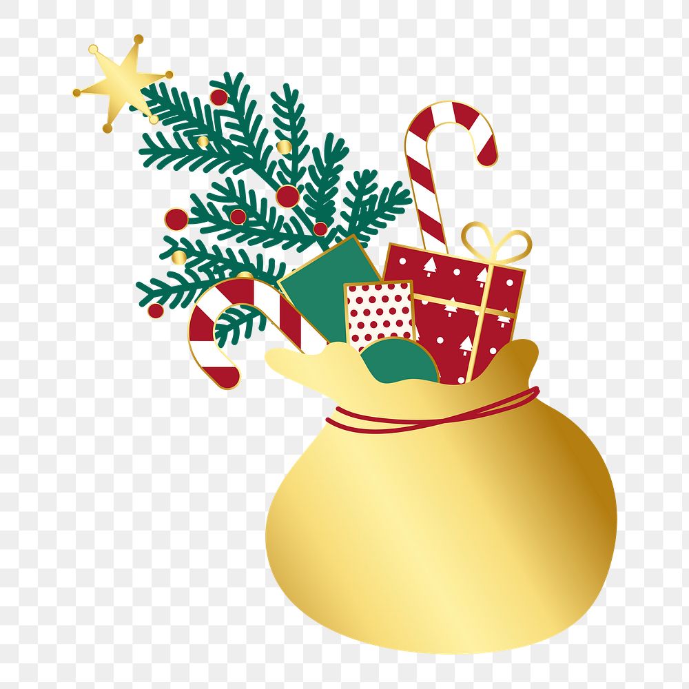 Png Golden sack with Christmas presents element, transparent background