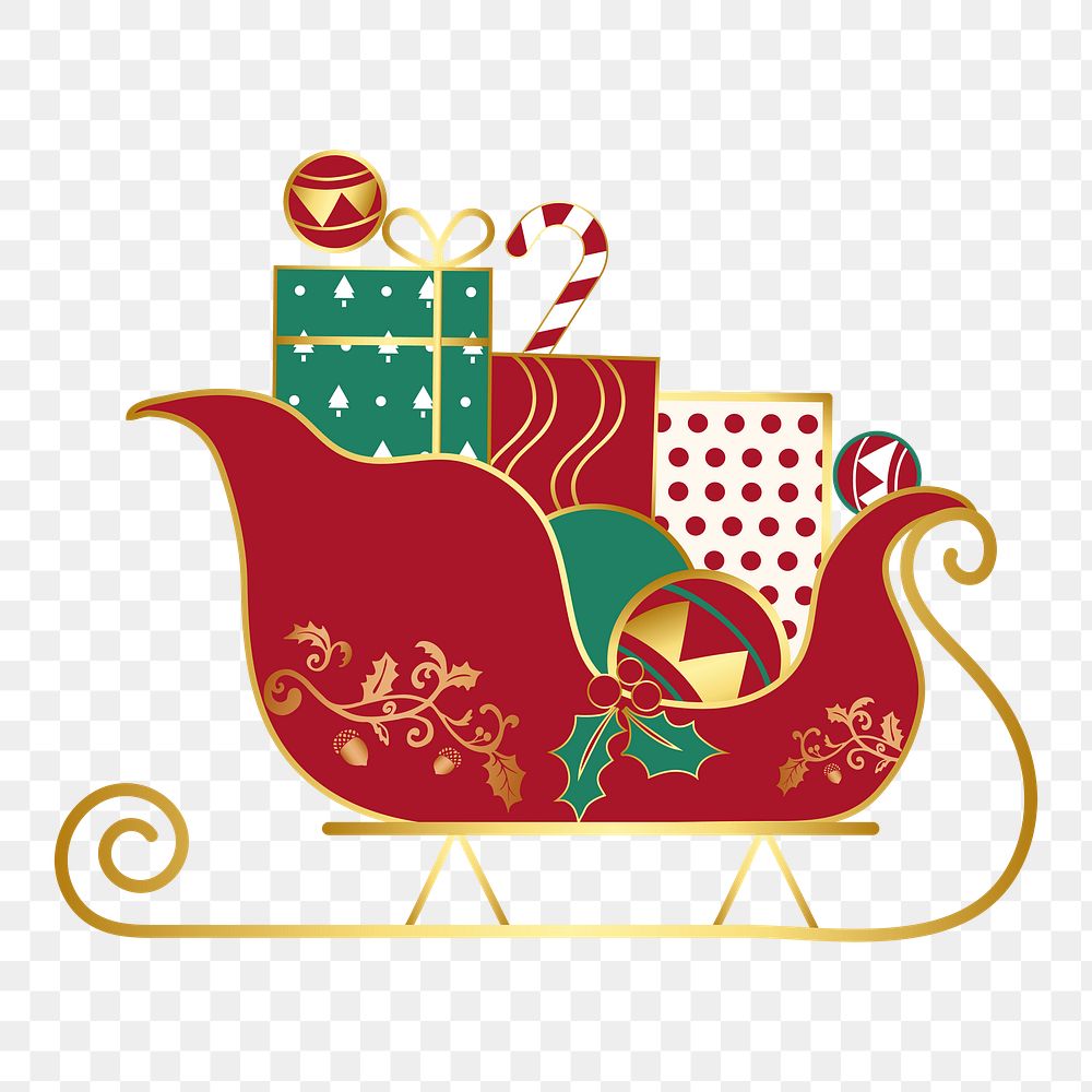 Png Christmas presents on a sledge element, transparent background