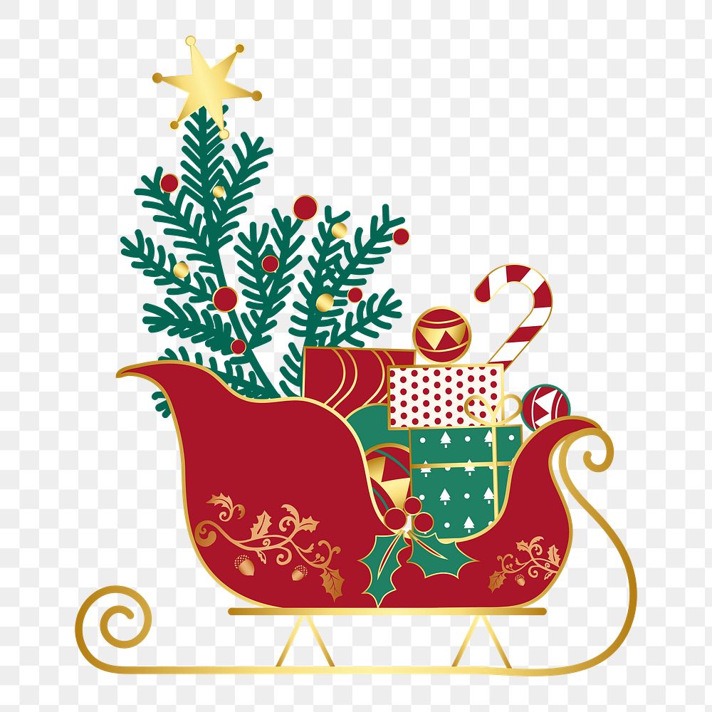 Png Christmas presents on a sledge element, transparent background