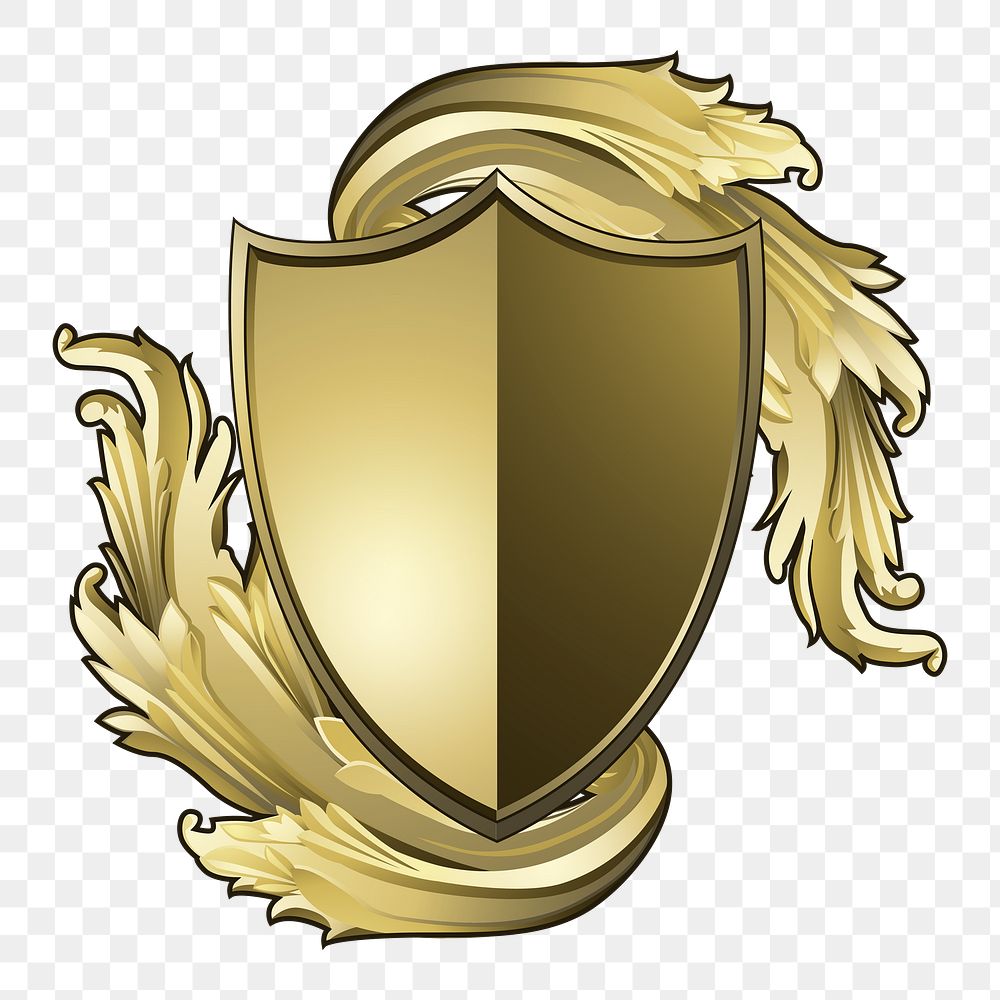 Png golden Baroque shield element, transparent background