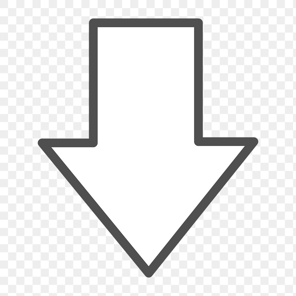 Down arrow icon png direction, line art illustration on transparent background 