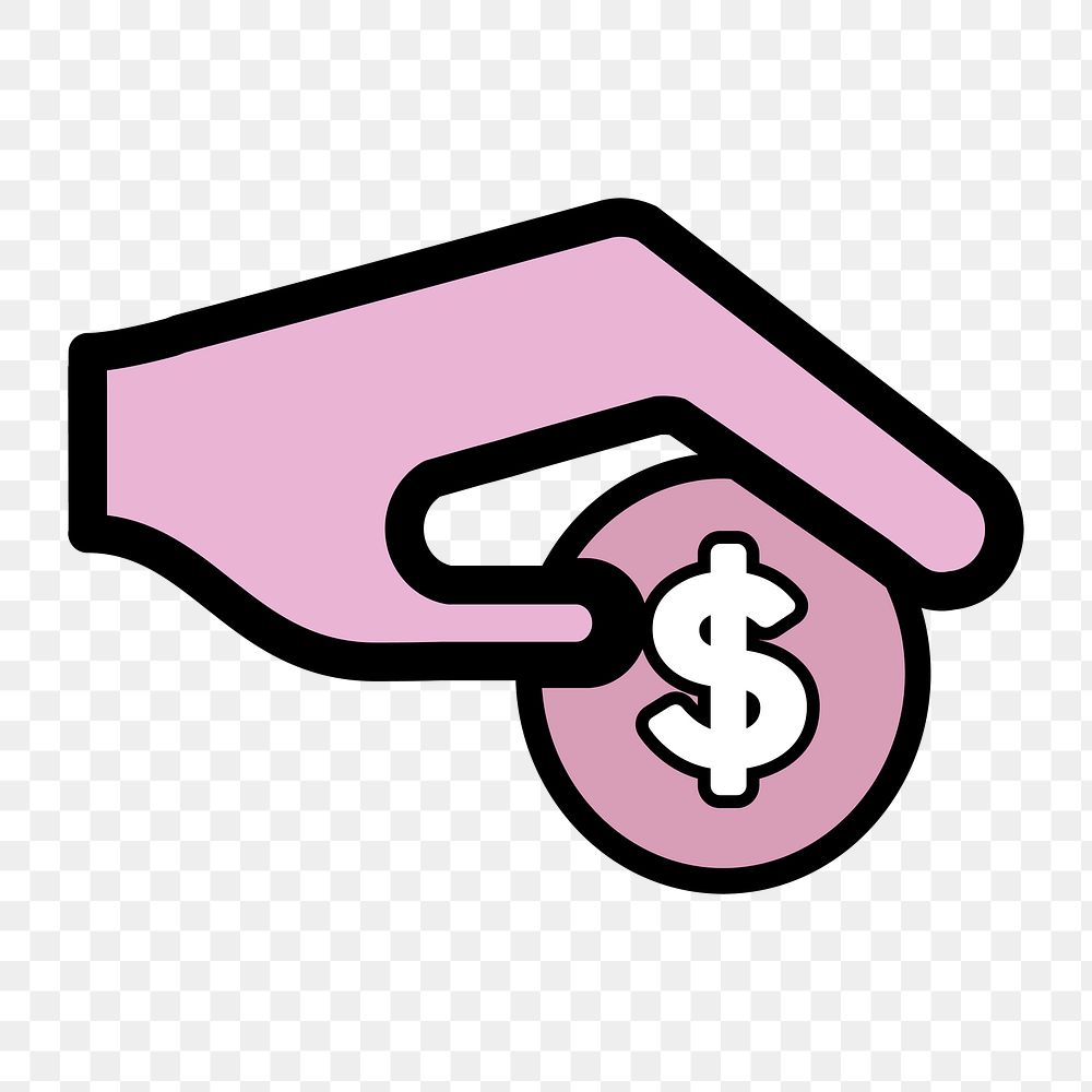 Hand holding icon png dollar coin, charity illustration on transparent background 