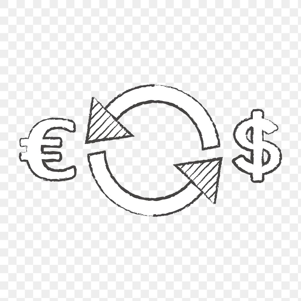 Png white currency exchange doodle icon, transparent background