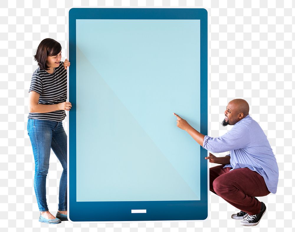 Png Diverse couple & tablet screen, transparent background