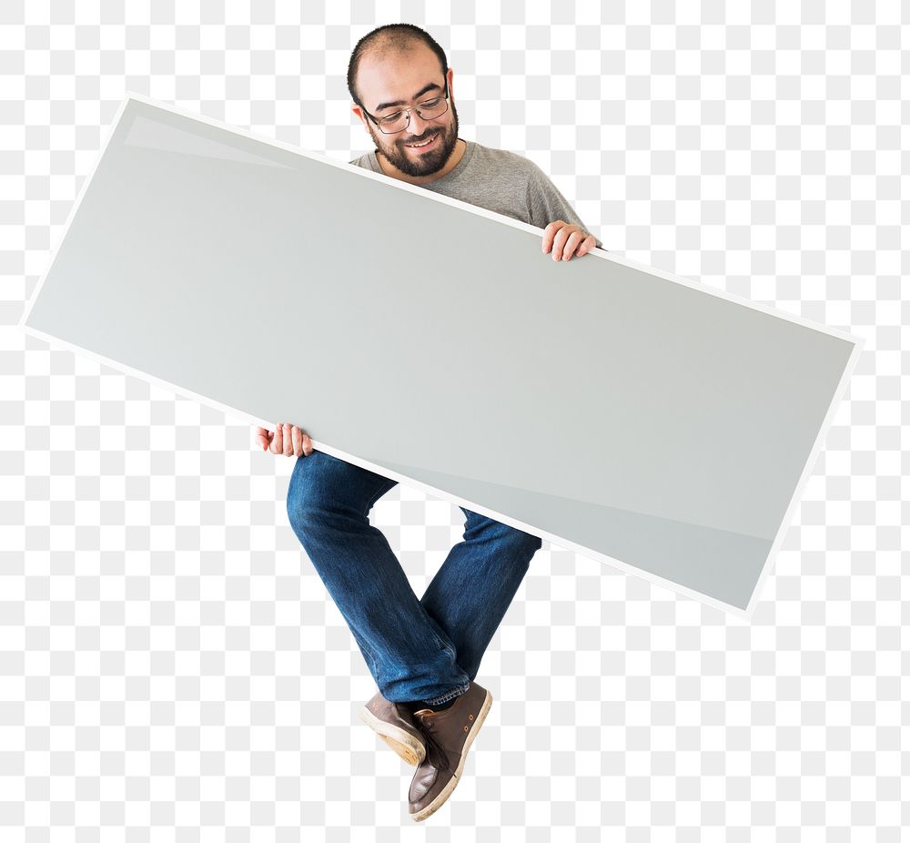 Png Man holding blank banner, transparent background