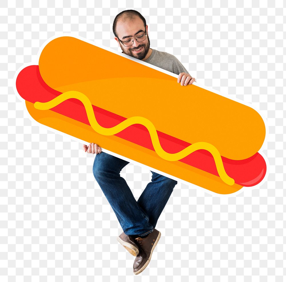 Png Man holding big hot dog, transparent background