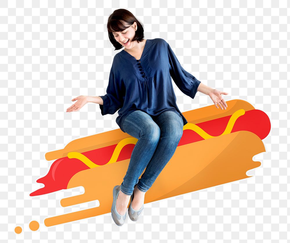 Png Woman sitting on hot dog, transparent background